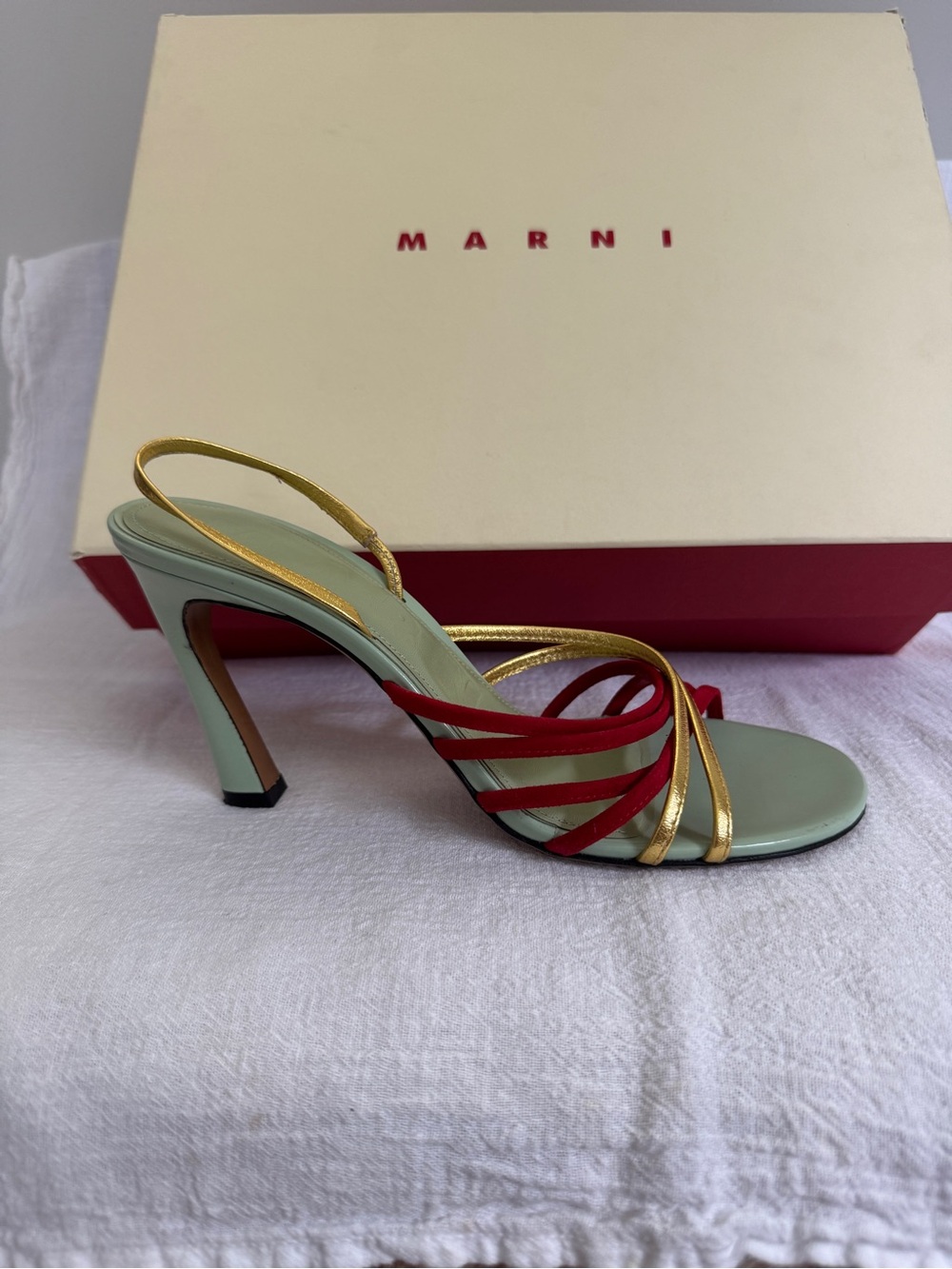 Marni Gold, Red & Mint Green Strappy Slingback Heels